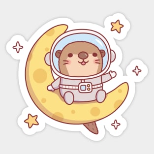 Cute Otter Astronaut Sitting On The Moon Sticker